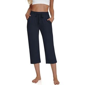 UEU Women's Comfy Drawstring Yoga Capri Pants Soft Loose Navy 2XL